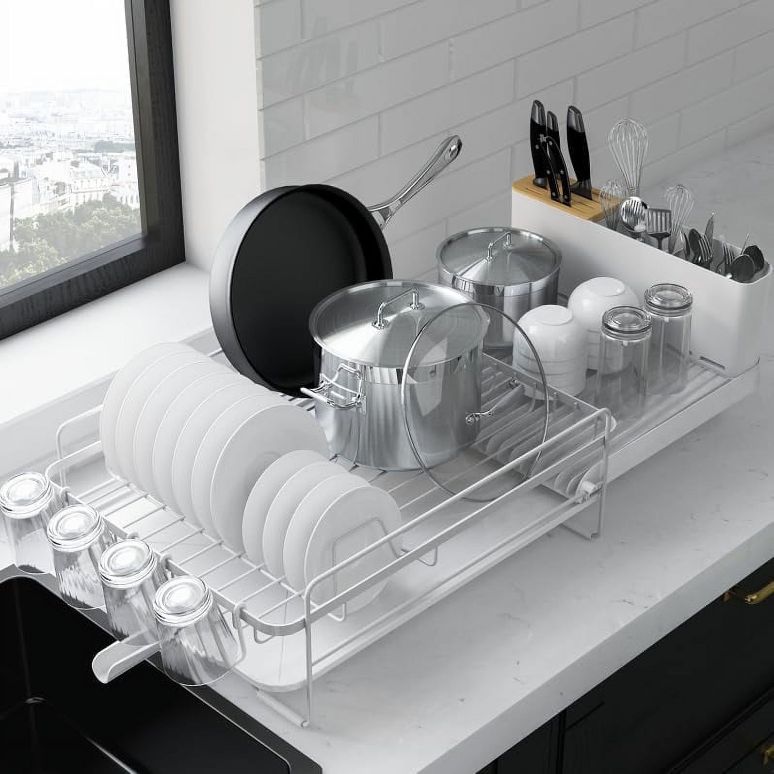 Large Dish Drying Rack - Extendable Dish Rack, Multifunctional Dish Rack for Kitchen Counter, Anti-Rust Dish Drainers with Cutlery & Cup Holders 19.2"-26.7" L x 12.9" W, White