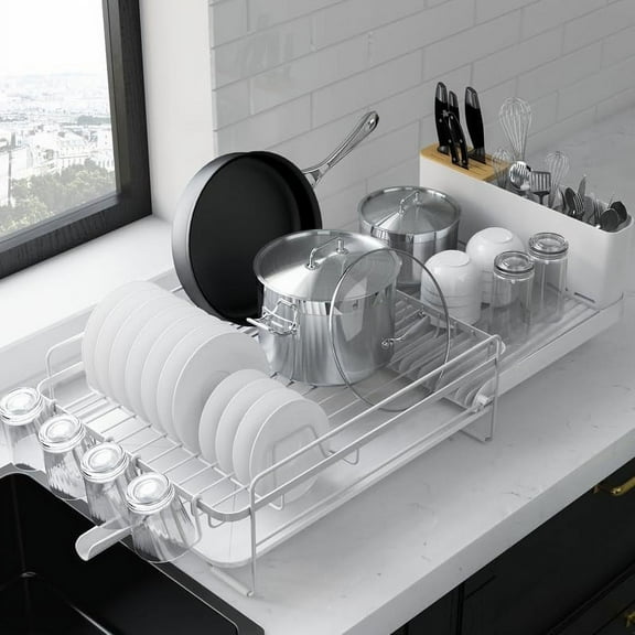 Large Dish Drying Rack - Extendable Dish Rack, Multifunctional Dish Rack for Kitchen Counter, Anti-Rust Dish Drainers with Cutlery & Cup Holders 19.2"-26.7" L x 12.9" W, White