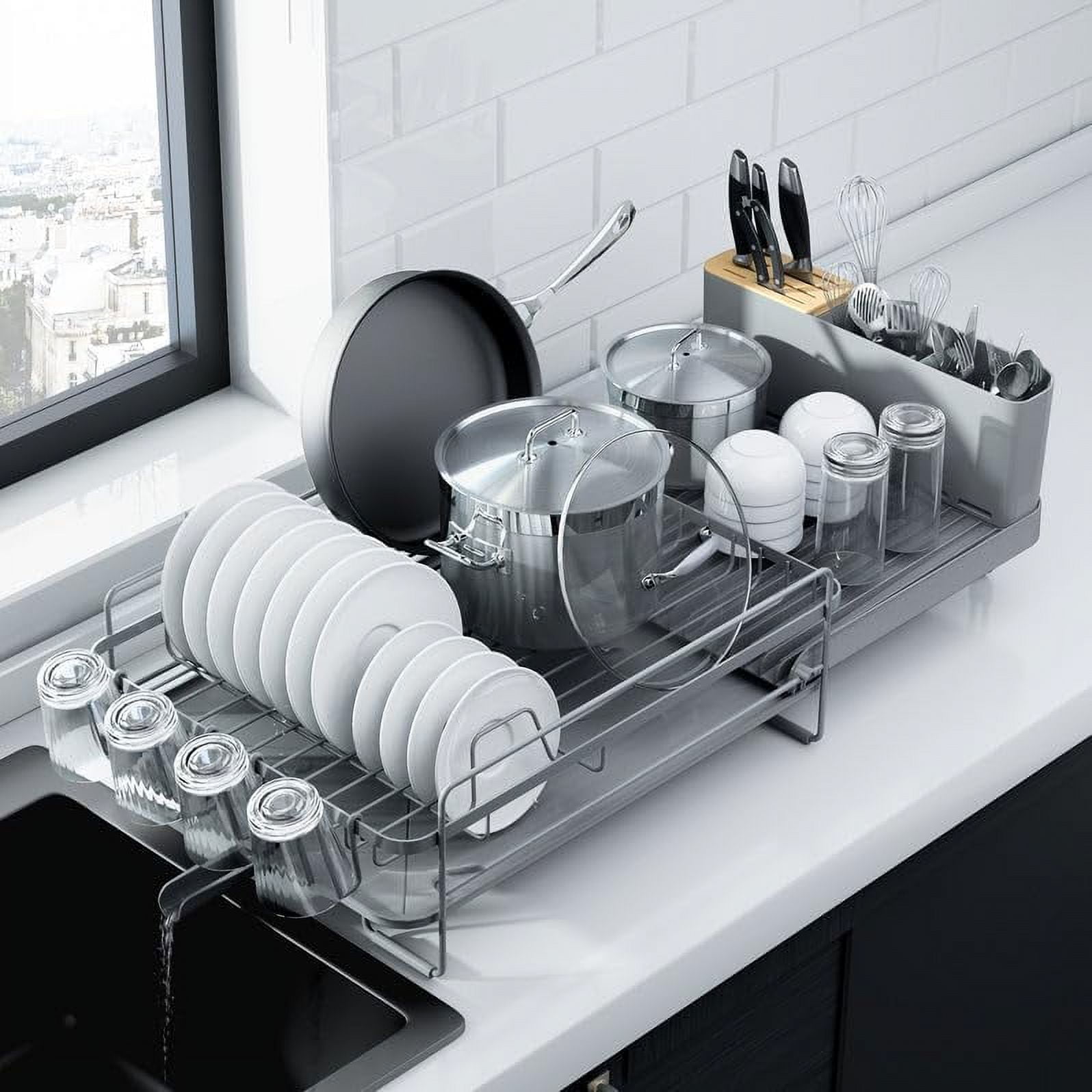 Gray Extendable Metal Dish Drying Rack with Utensil Cup