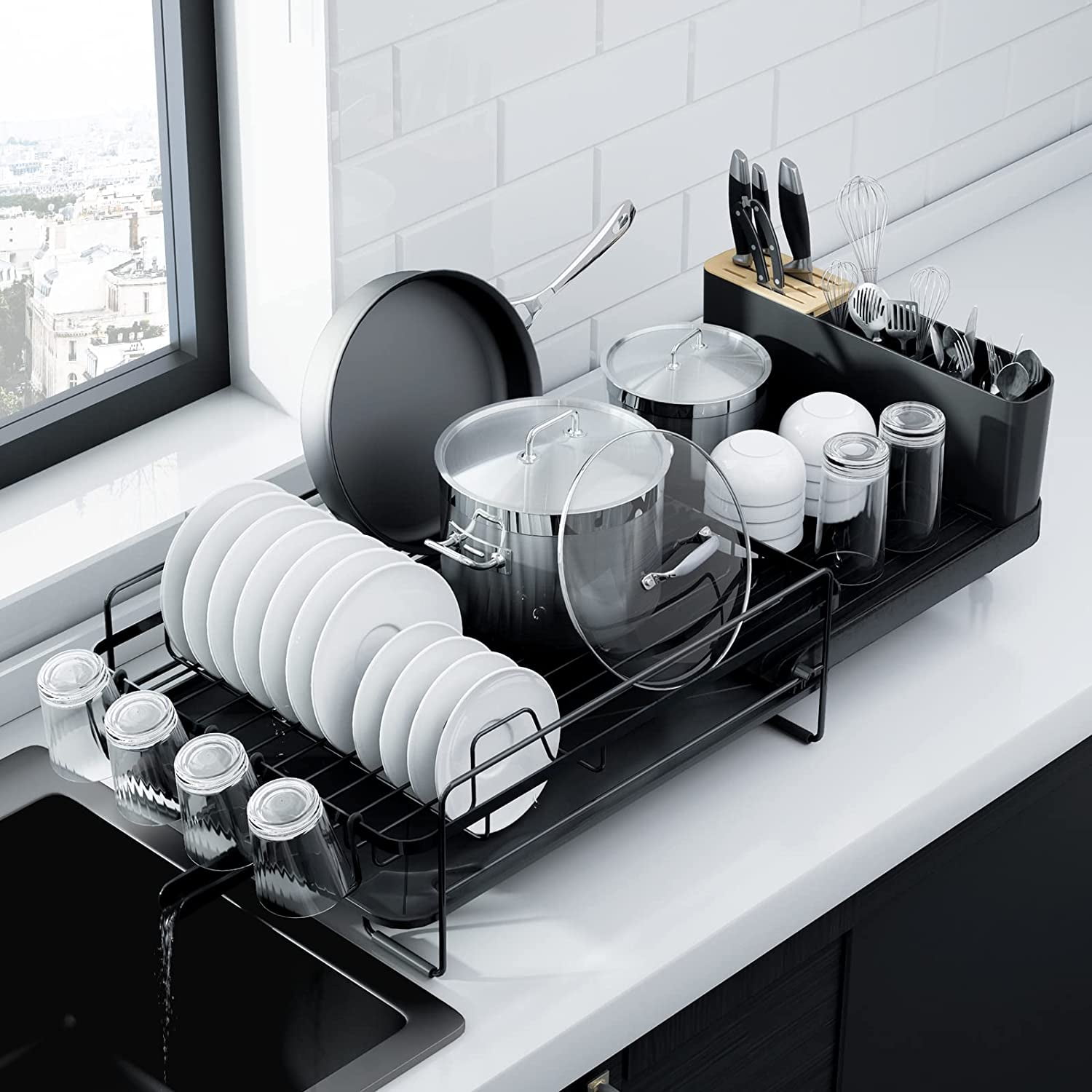 Black Stainless Steel Extendable Dish Rack with Utensil Cup