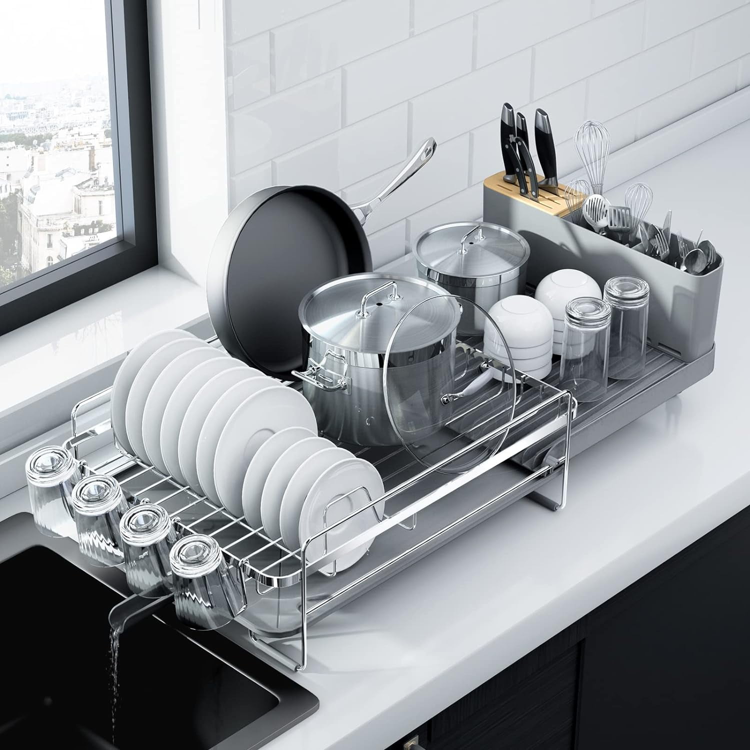 Large Dish Drying Rack Extendable Dish Rack Multifunctional Dish Rack for Kitchen Counter Anti Rust Drying Dish Rack with Cutlery Cup Holders 27 L x 12.9 W Silver Walmart