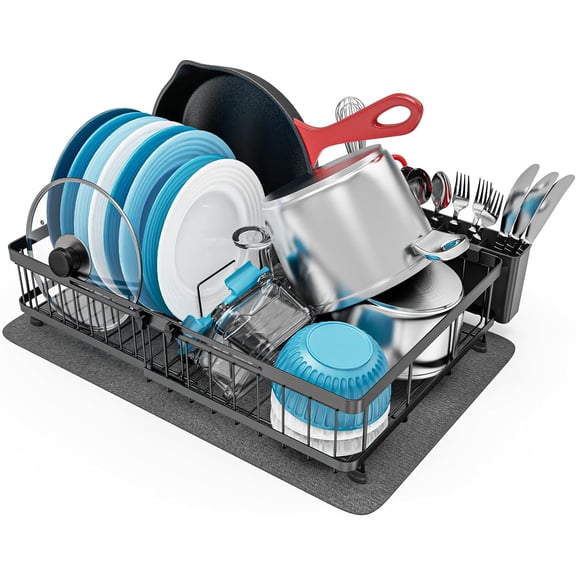 Family Size Large Capacity Expandable Dish Drying Rack with Absorbent Mat, Rust Resistant Dish Drainer for Plates Bowls Pots and Pans, 16.5"-21.3" L x 14.7" W, Black