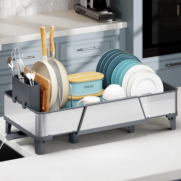 Large Dish Drying Rack - Triple Expandable Dish Rack for Kitchen Counter, Stainless Steel Sink Organization and Storage Essentials with Utensil & Pans Holder for Home and Appartment