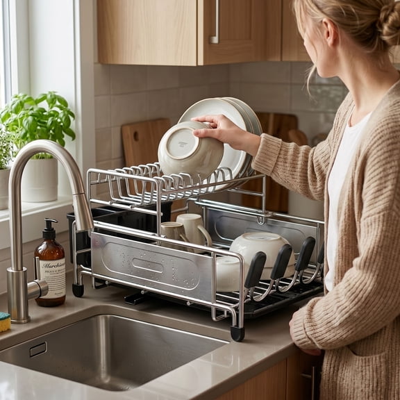 Large Dish Drying Rack for Kitchen Counter, Detachable Large Capacity Dish Drainer Organizer, 2-Tier Dish Racks with Utensil Holder, Stainless Steel