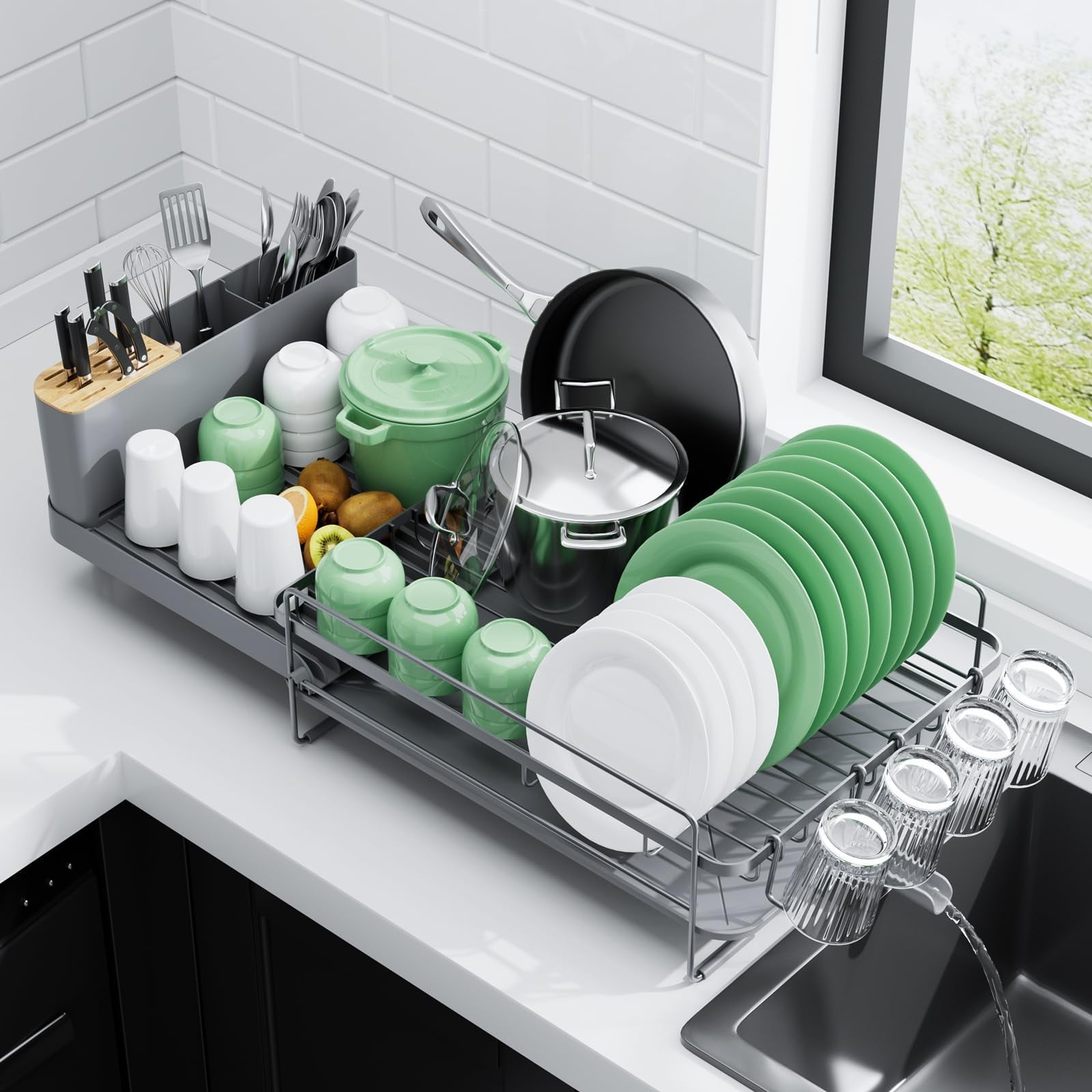 Large Dish Drying Rack with Extendable Tray, Multi-Functional Drainboard for Plates, Cups, and Utensils, Compact Storage Solution, Grey