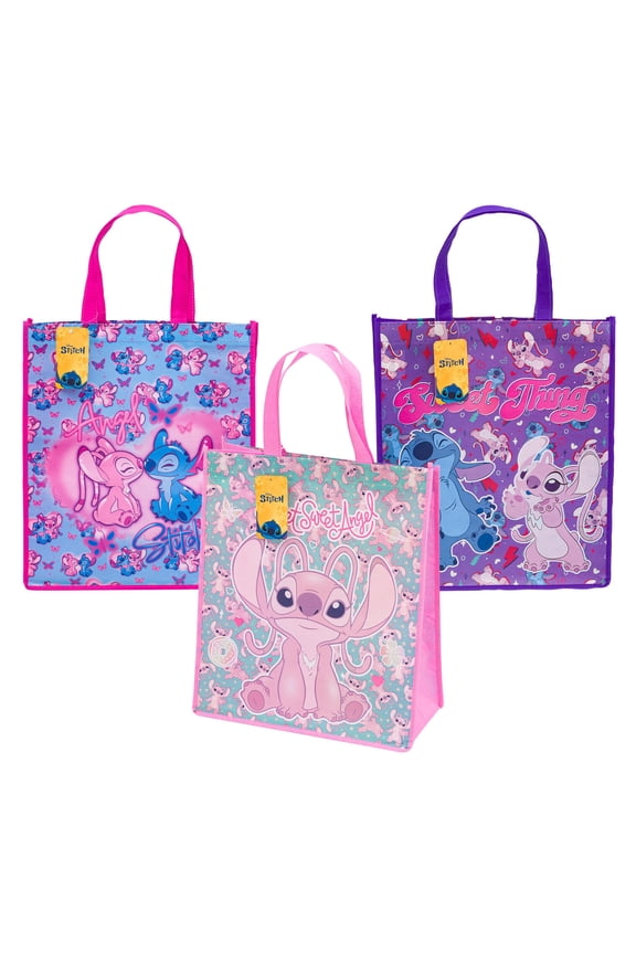 Large Disney Stitch Reusable Tote Bags, 16 in, Angel and Stitch, 3 Assorted Colors