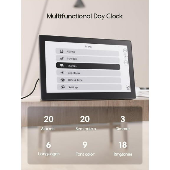 Large Display Calendar Clock with 12 Themes, 20 Alarms, Auto Dimming, Temperature & Humidity for Seniors