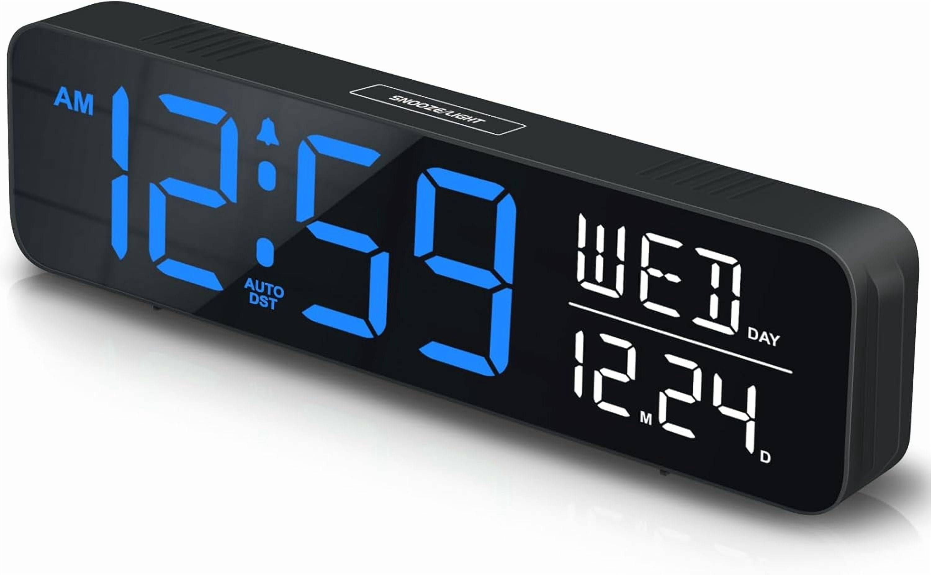 Large Display Digital Alarm Clock for Bedrooms, Date Day of Week Calendar Desk Table Clocks for Living Room Office, Dimmable Plug in Electric Clock, 5 Volumes, Loud, Auto DST
