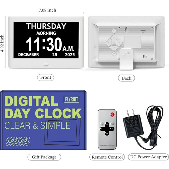 " Large Display Digital Clock for Seniors, Dementia & Alzheimer's, HD 1024x600, 10 Reminders, 8 Alarms, Auto Dimming, Remote Control