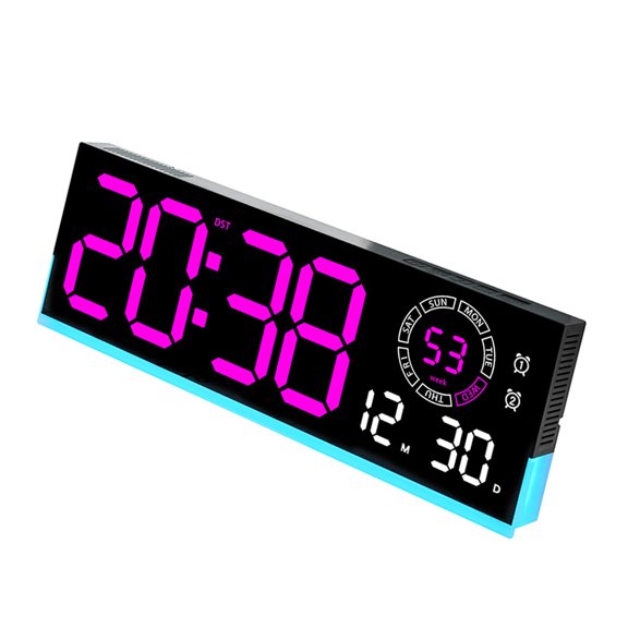 Large Display Digital Wall Clock with Calendar Temperature Alarm Icons, Slim Case for Living Room and Desk Use