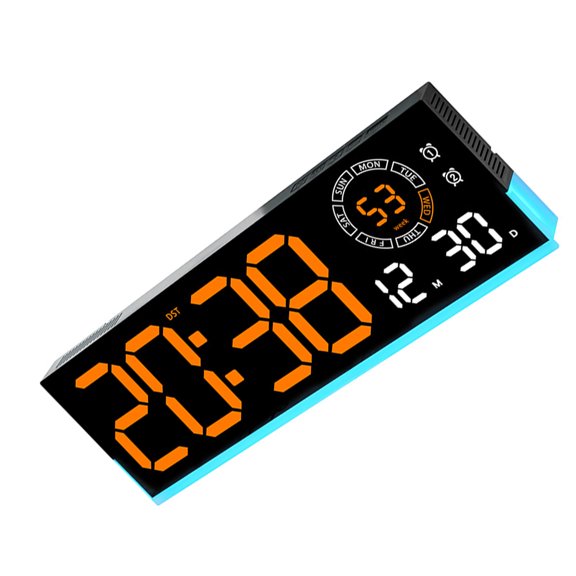 Large Display Digital Wall Clock with Calendar Temperature Alarm Icons, Slim Case for Living Room and Desk Use