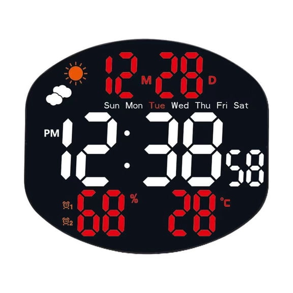 Large Display Electronic Clock with LED Weather Indicators, Dual Alarm Features, Temperature and Humidity Monitoring, Wall Mounted Design (White and red)
