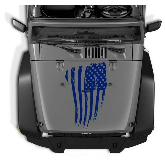 Large Distressed USA American Flag Hood VINYL decal for Jeep, Truck and others. (BLUE)