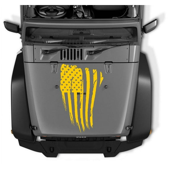 Large Distressed reversed USA American Flag Hood VINYL decal for Jeep, Truck and others. (YELLOW)
