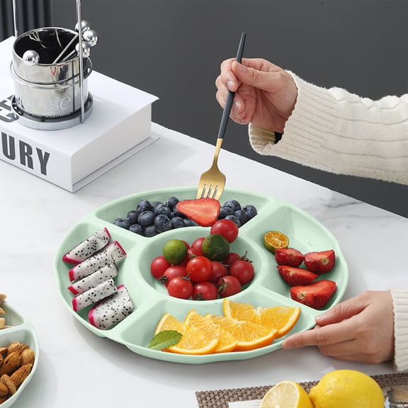 Large Divided Serving Trays for Party Supplies,5 Compartment Candy Round Plastic Platters for Serving Food, Unbreakable Reusable Trays for Snack, Veggie, Fruit, Candy