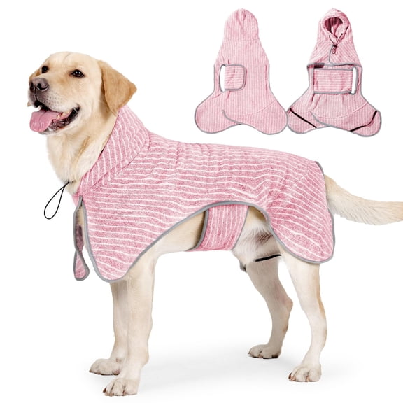 Large Dog Bath Robe,Stripes Dog Bathrobe Hooded,Dog Drying Coat Gown Towel Robe,Microfiber Fast Drying Absorbent Hooded Bath for Medium Large Dogs Pink XL