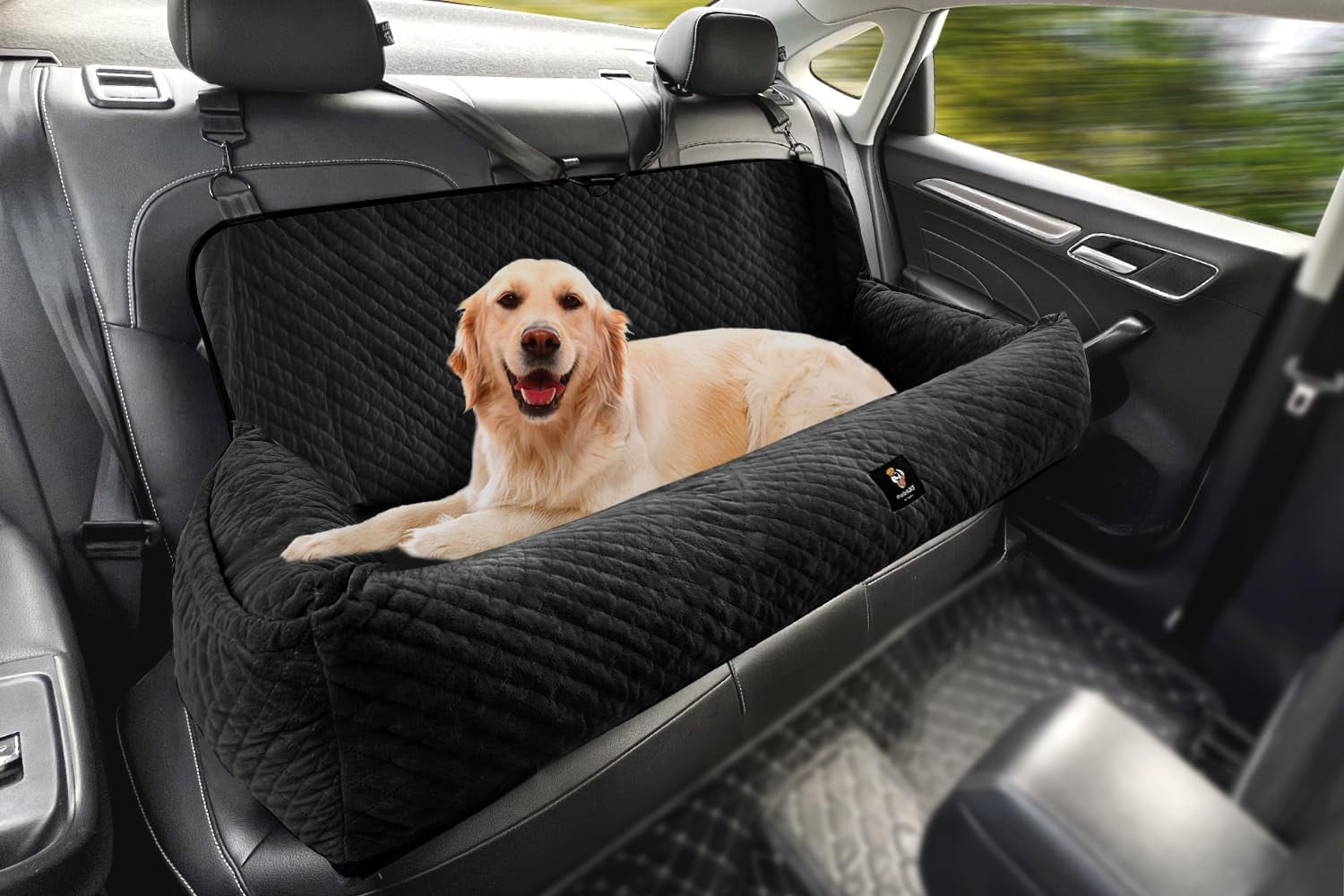 Large Dog Car Booster Seat - Removable, Washable, Safety Tethers, Storage Pocket - Under 100LBS, Only for Car Back Seat (Black)