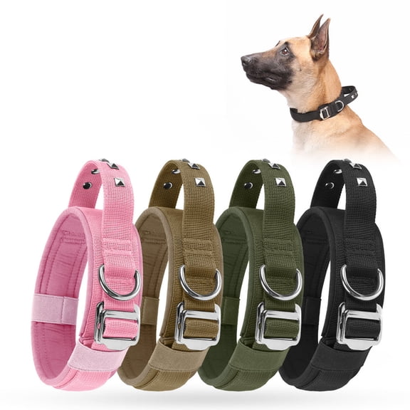 Large Dog Collar with Heavy Duty Leash Tactical Padded Nylon Pet Collar for Large Dogs Adjustable Training Gear with Metal Buckle and Studded Design Black