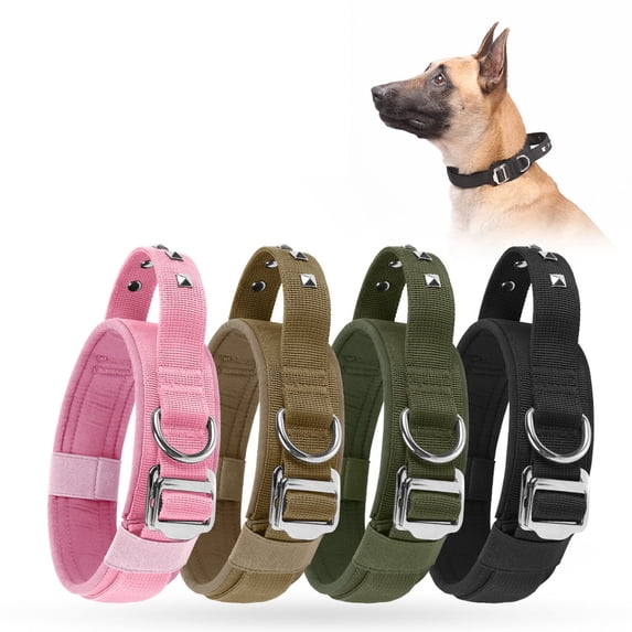 Large Dog Collar with Heavy Duty Leash Tactical Padded Nylon Pet Collar for Large Dogs Adjustable Training Gear with Metal Buckle and Studded Design Pink