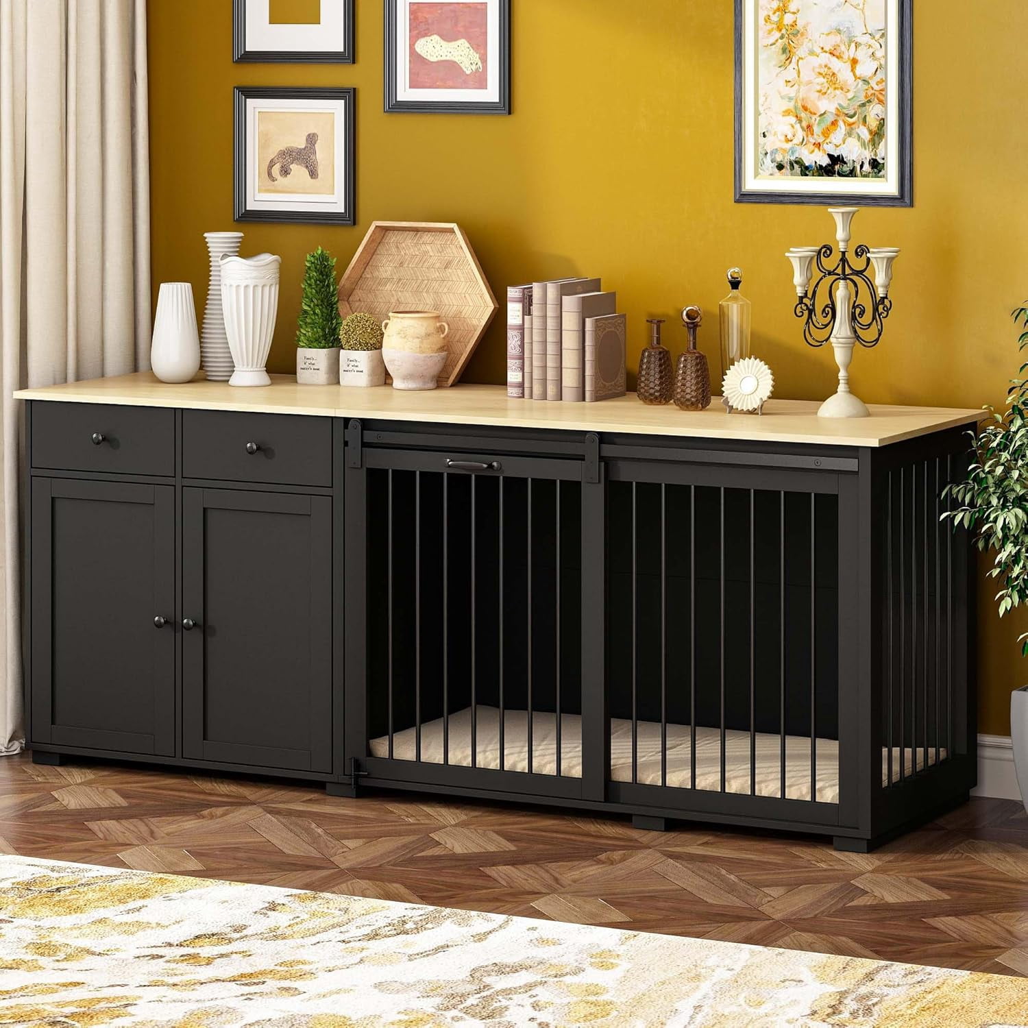 Image showcasing Large Dog Crate Funiture with Drawers, 78.7