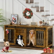 Large Dog Crate Furniture for 2 Dogs, Upgrade 71" Pro XXL Sliding Door Heavy Duty Dog Kennel Furniture with Divider, Steel Frame Indoor Double Dog Crate for Large Medium Small Dogs, Light Grey