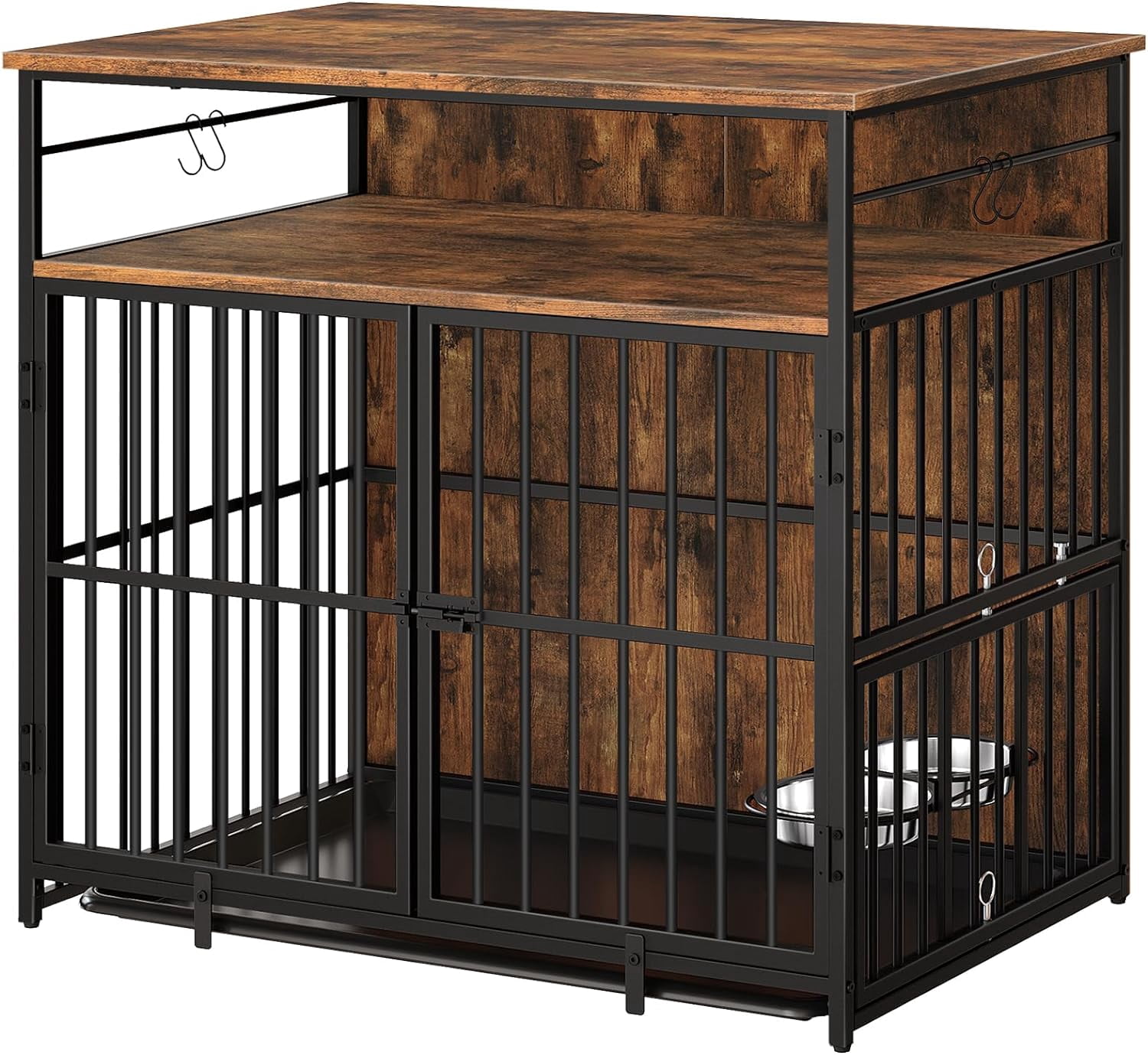 Image result for Large Dog Crate Furniture, 38.6" Heavy Duty Dog Kennel with Bowls & Storage Shelf, Wooden Dog ...