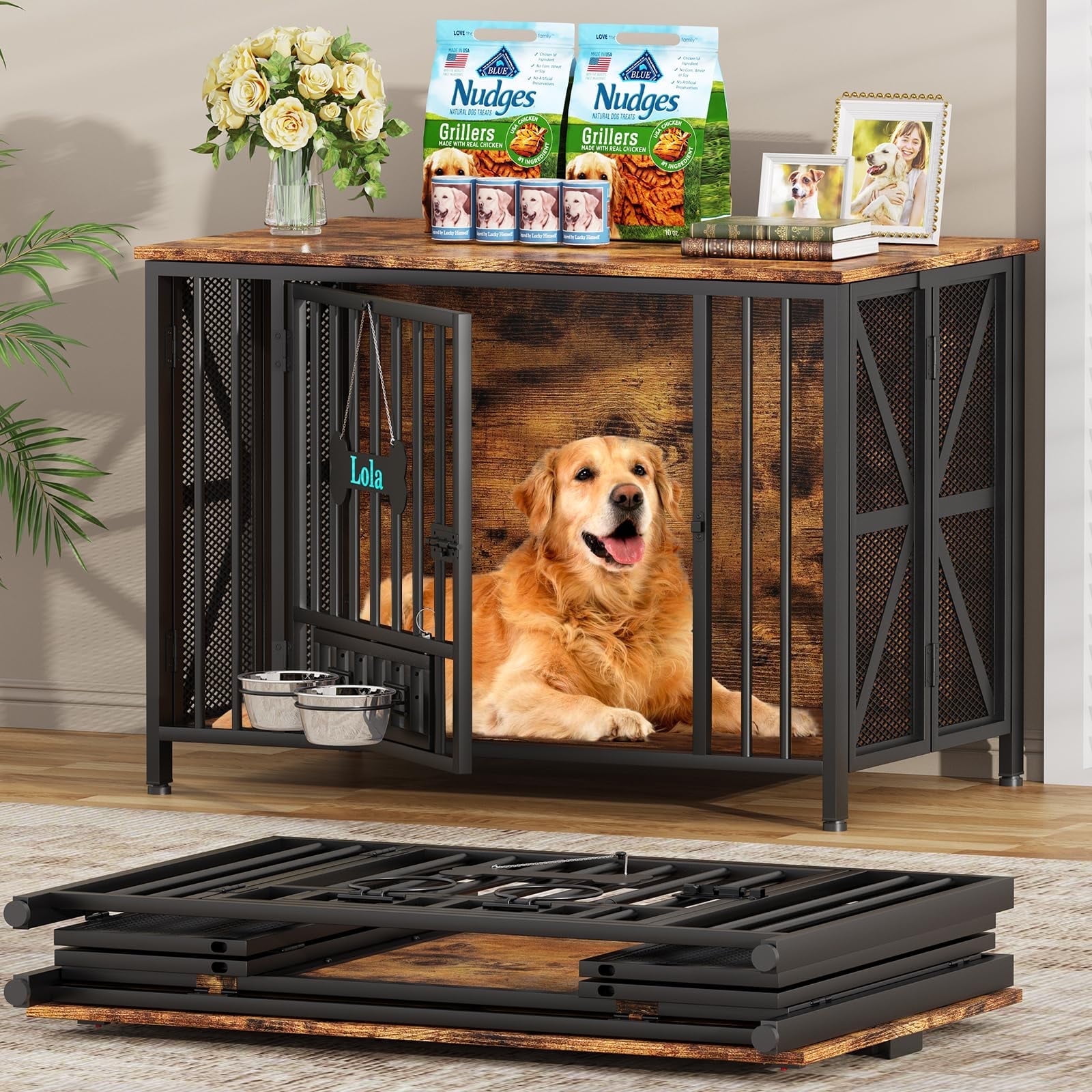 POAO Foldable Large Dog Crate Furniture, 41.3"Assembly-Free Dog Crates for Large Dogs, Wooden Dog Kennel Indoor with Tag & Dog Bowls, Rustic Brown