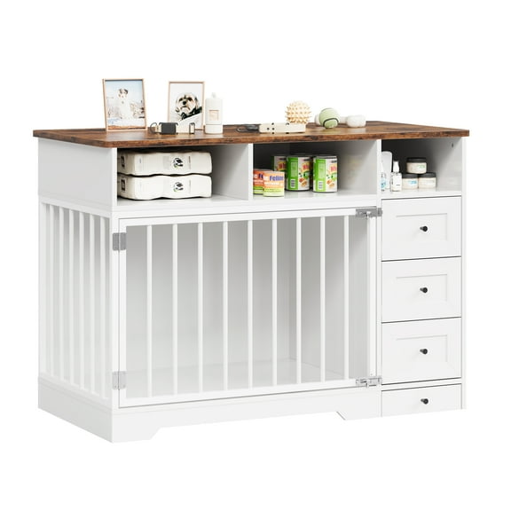 Large Dog Crate Furniture, 48 inches Wooden Dog Crate with Storage Shelves, 3 Drawers & Hidden Bowl, Modern Side End Table, Heavy Duty Pet Crate Medium Small Dogs