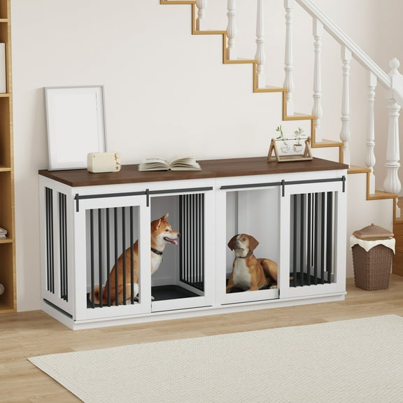 Large Dog Crate Furniture, 71" Sliding Door Double Kennel for 2 Large Dogs Divided, Heavy Duty Wooden Dog Crate Kennel Furniture with 2 Trays