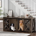 thumbnail image 1 of Large Dog Crate Furniture Indoor for 2 Dogs, 70'' Farmhouse Steel Frame Wooden Dog Kennel with Adjustable Division Board and Sliding Doors for Small Medium Large Dogs (Dark Walnut), 1 of 8