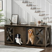 Large Dog Crate Furniture Indoor for 2 Dogs, ICEELF 71" Farmhouse Steel Frame Wooden Dog Kennel with Adjustable Division Board and Sliding Doors for Small Medium Large Dogs