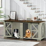Large Dog Crate Furniture Indoor for 2 Dogs, ICEELF 71" Farmhouse Steel Frame Wooden Dog Kennel with Adjustable Division Board and Sliding Doors for Small Medium Large Dogs