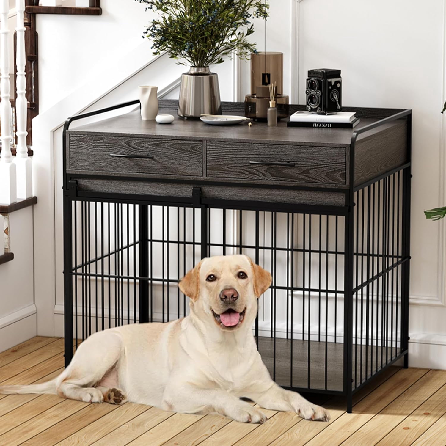 Large Dog Crate Furniture, Indoor Dog Kennel with Storage Drawers ...