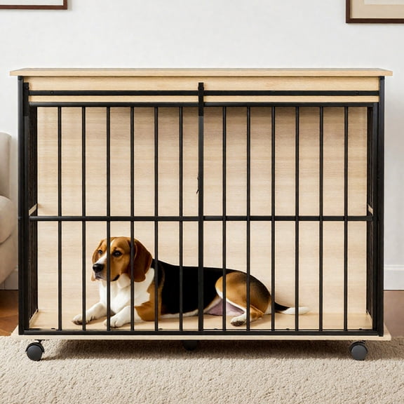 Large Dog Crate Furniture for Medium to Large Dogs, 43.3" Wooden Dog Kennel with Metal Bars, Sliding Door & Storage, Indoor Dog Cage Furniture, Black & Wood