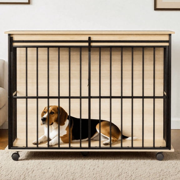 Large Dog Crate Furniture  Wooden Dog Kennel for Medium to Large Breeds, Heavy Duty Indoor Pet Cage with Double Doors, End Table Style for Living Room
