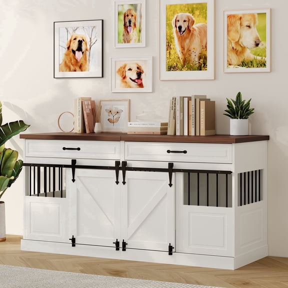 Faceket 63" Wooden Furniture Dog Crate with Sliding Barn Doors, Removable Divider, White