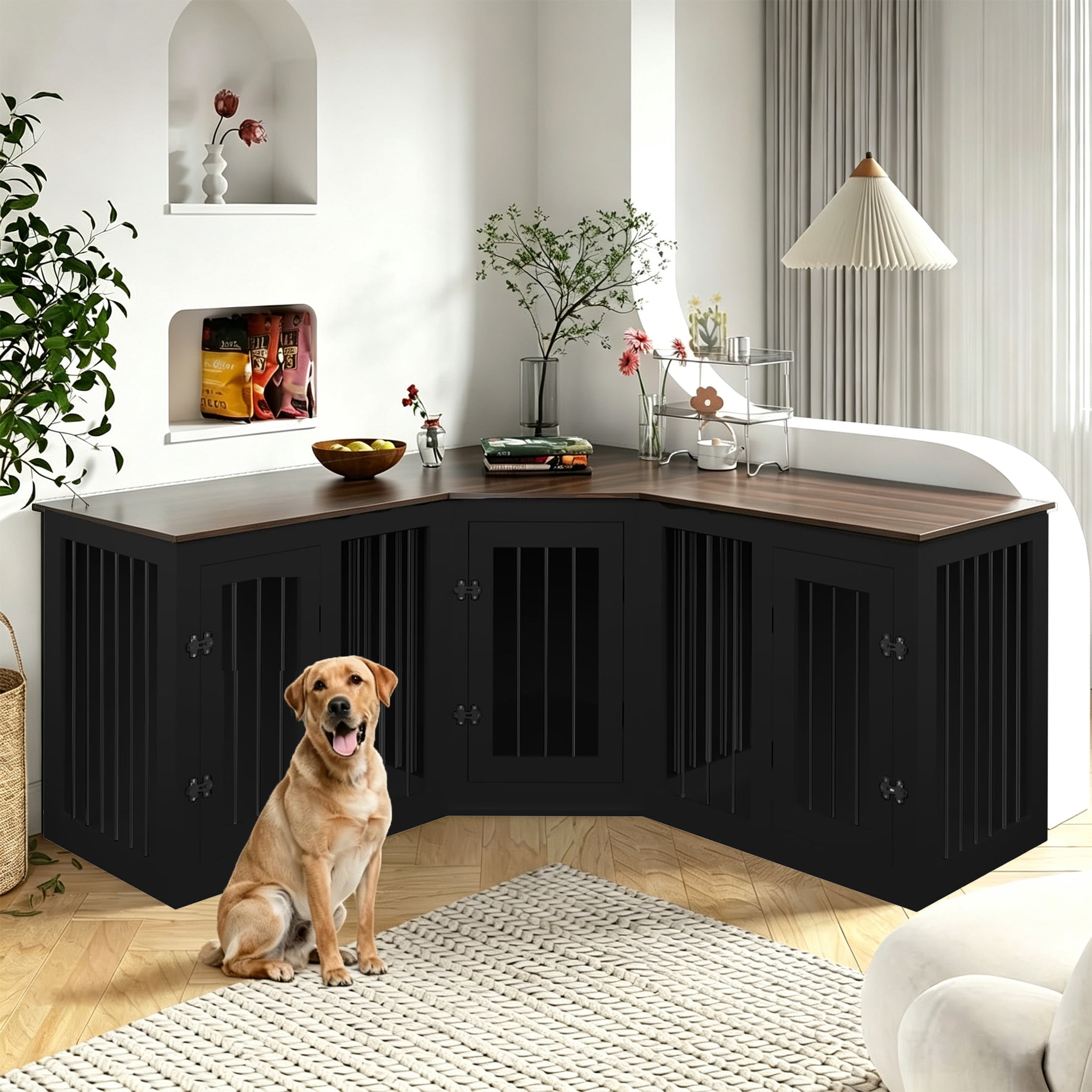 Large Dog Crate Furniture for 3 Dogs, Corner Dog Crate with Divider, 3 in 1 Heavy Duty Indoor Wooden Dog Kennel Furniture