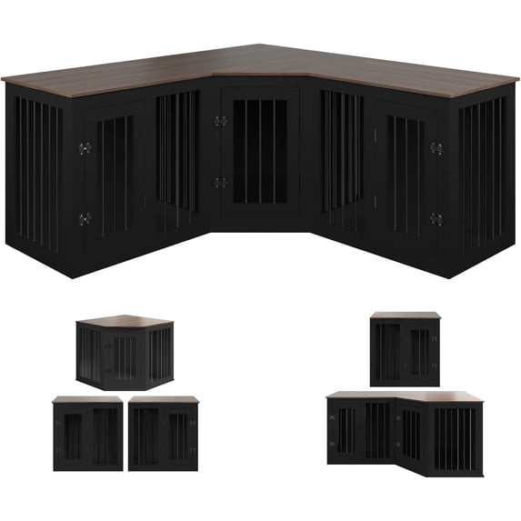 Large Dog Crate Furniture for 3 Dogs, Cuoote 113" Corner Dog Kennel, 3-in-1 Heavy Duty Indoor Wooden Crate for Small, Medium & Large Dogs