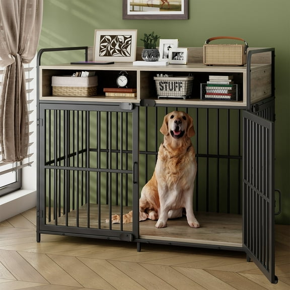 Casendy Large Dog Crate Furniture with Storage Shelf, Metal Frame Dog Kennel Indoor with 3 Doors, Easy Assembly, 40"L x 23" W x 31" H, Rustic Brown