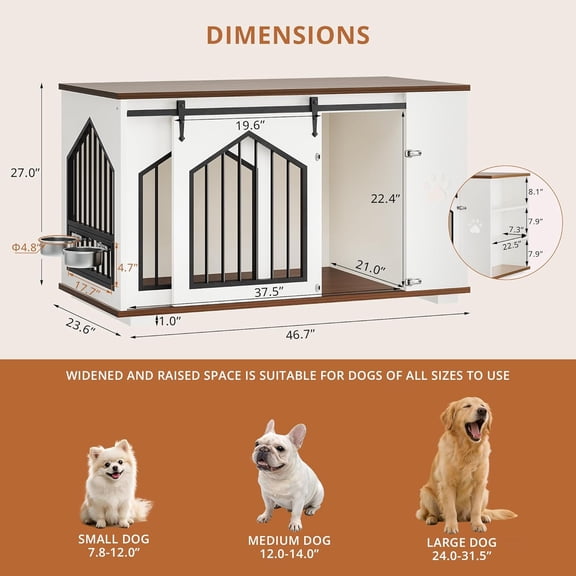 Large Dog Crate Furniture with Rotating Bowls and Shelves, White Barn Door Pet Cage