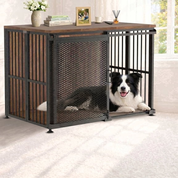 42 Inch Large Dog Crate Furniture, Foldable Setup in 30 Seconds, Sliding Barn Door, 260 LBS Top