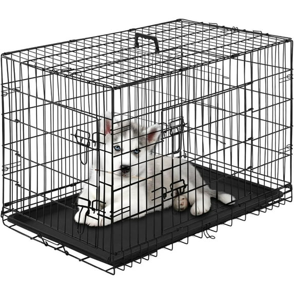 Large Dog Crate Kennel for Medium Large Dogs Metal Dog Cage Double-Door Folding Travel Indoor Outdoor Puppy Playpen with Divider and Handle Plastic Tray (42 Inch, Black)