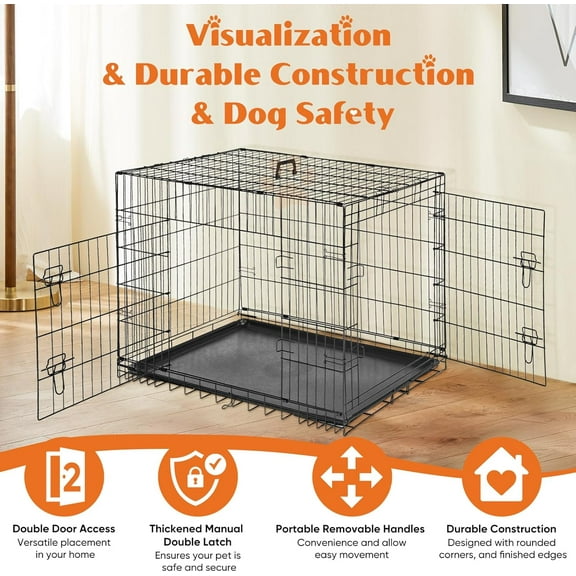 Large Dog Crate with Double Door, Folding Metal Wire Cage with Leak-Proof Tray for Indoor Outdoor Travel