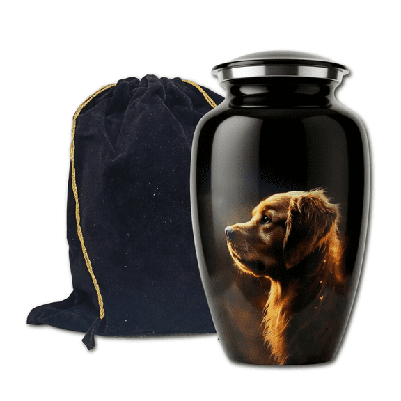 Large Dog Cremation Urn for Pet Ashes 190 Cu In Aluminum Memorial Urns, Golden Retriever Portrait Design, Velvet Bag Included Pet Funeral Urn for Dogs, 10" H 6.5" W