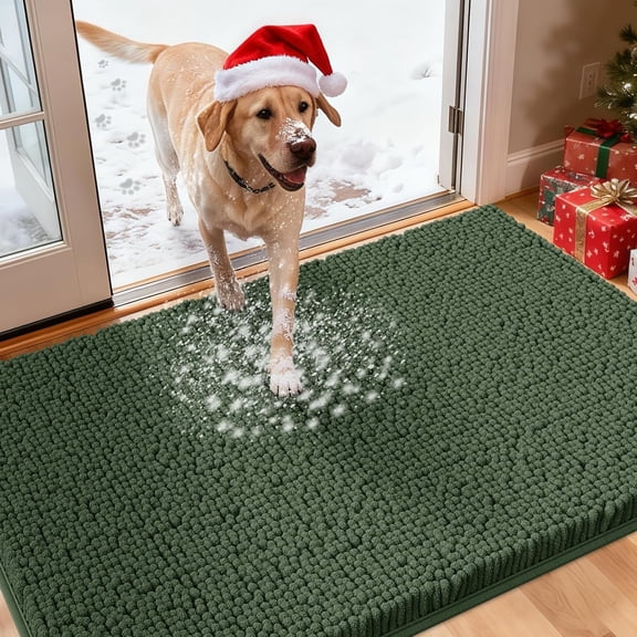 Large Dog Door Mats for Muddy Paws, 48" x 30" Chenille Absorbent Mud Mat for Dogs, Non Slip Heavy Dog Rugs for Muddy Paws, Soft Indoor Door Mat for Entryway, Mud Paw, Inside Floor, Olive