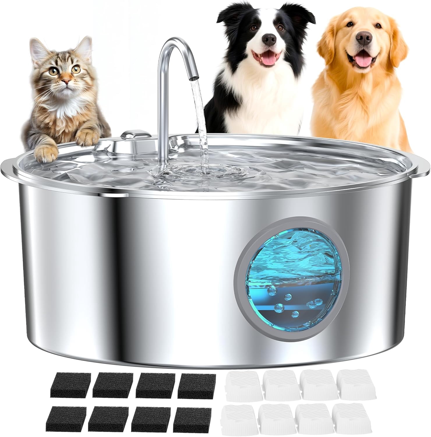 Large Dog Fountain Water Bowl: Sliver Big Cat Water Fountain Stainless Steel - 3.2Gal/406oz/12L Noiseless Giant Dog Fountains - Pet Suppiles for Multi-Pet Home - Contain 8 Filters + 8 Sponges