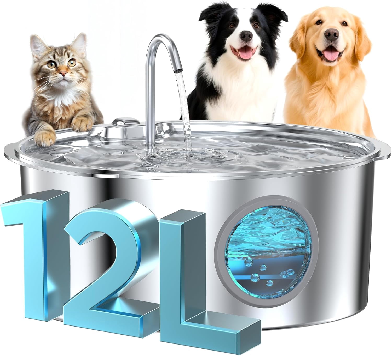 Large Dog Fountain Water Bowl: Sliver Big Cat Water Fountain Stainless Steel - 3.2Gal/406oz/12L Noiseless Giant Dog Fountains - Pet Suppiles for Multi-Pet Home - Contain 8 Filters + 8 Sponges