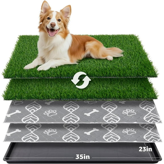 Large Dog Grass Pad with Tray - 35x23in Dog Litter Box with 2 Artificial Grass Patch + 2 Washable Pee Pads - Quickly Absorbency Indoor Outdoor Potty for Patio Balcony Apartment Use