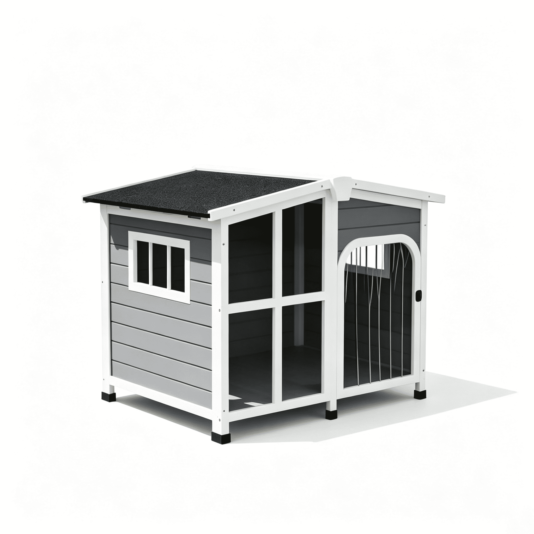 Large Dog House Cabin-Style Wooden Pet Shelter with Openable Roof And Giant Window, Gray
