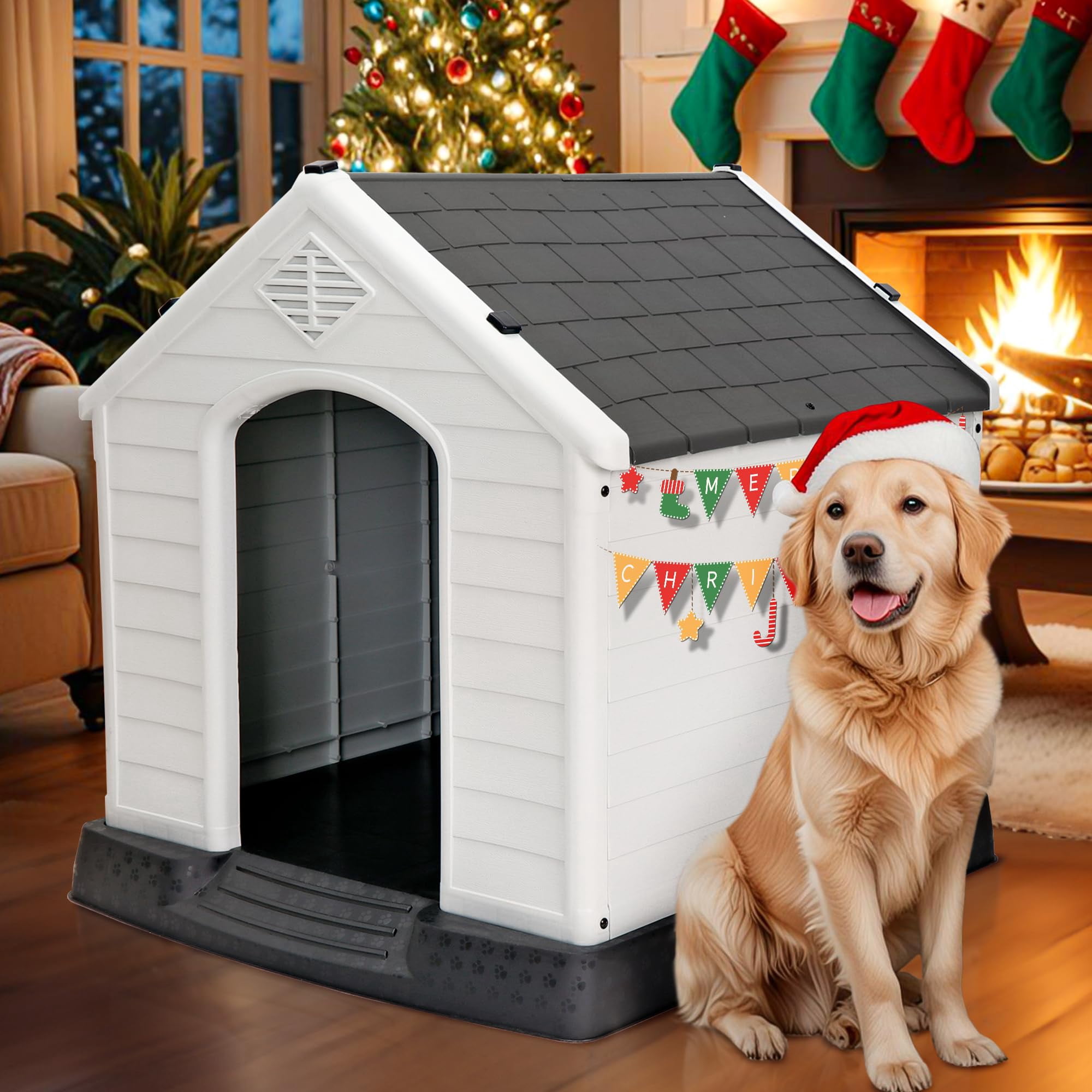 Large Dog House Indoor Outdoor Durable Plastic Kennel with Insulated Walls Air Vents Elevated Floor for Medium Big Dogs, Grey